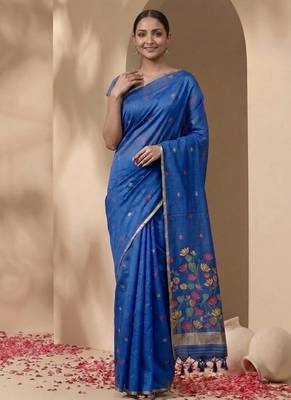 Royal blue floral pichwai work jamdani silk saree with blouse piece 2