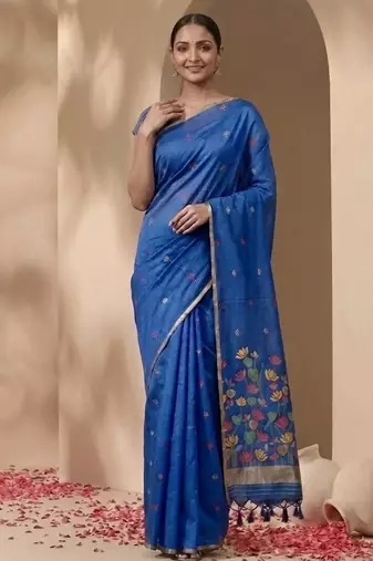 Royal blue floral pichwai work jamdani silk saree with blouse piece