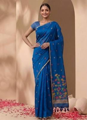 Royal blue floral pichwai work jamdani silk saree with blouse piece 3