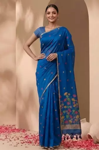 Royal blue floral pichwai work jamdani silk saree with blouse piece