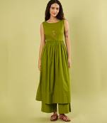 Olive green handwoven cotton high slit kurta and pant