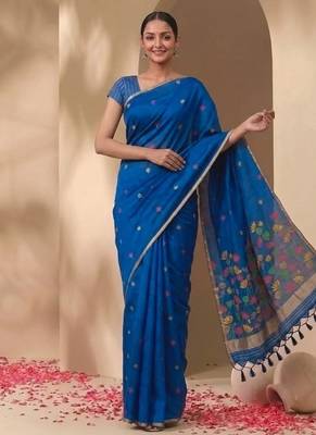 Royal blue floral pichwai work jamdani silk saree with blouse piece 4