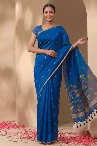 Royal blue floral pichwai work jamdani silk saree with blouse piece