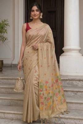 Golden floral pichwai work jamdani silk sareewith blouse piece 1