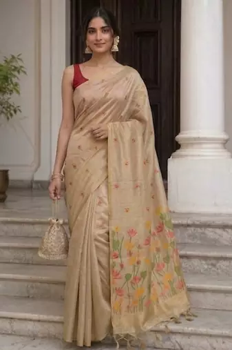 Golden floral pichwai work jamdani silk sareewith blouse piece
