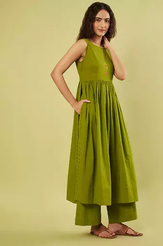 Olive green handwoven cotton high slit kurta and pant