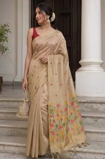 Golden floral pichwai work jamdani silk sareewith blouse piece