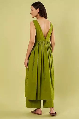 Olive green handwoven cotton high slit kurta and pant