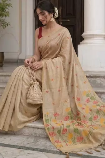 Golden floral pichwai work jamdani silk sareewith blouse piece