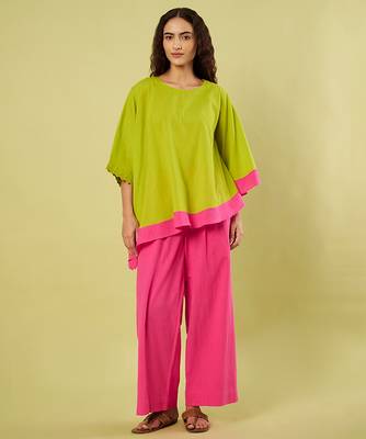 Lime green and pink cotton khadi co ord set 1