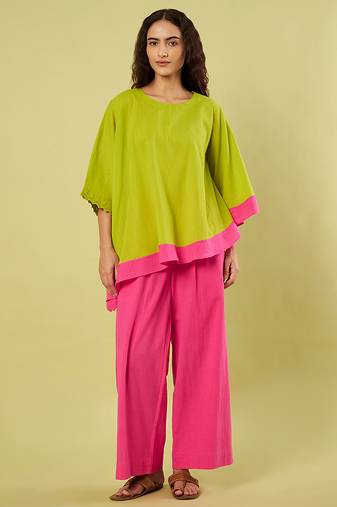 Lime green and pink cotton khadi co ord set
