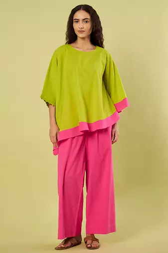 Lime green and pink cotton khadi co ord set
