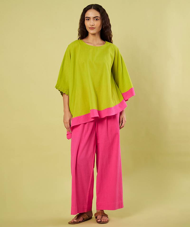 Lime green and pink cotton khadi co ord set