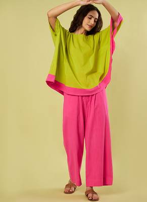 Lime green and pink cotton khadi co ord set 2