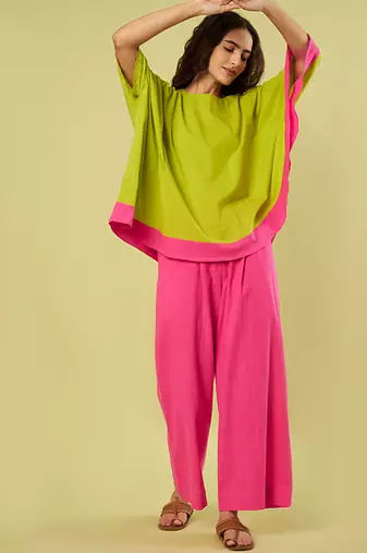 Lime green and pink cotton khadi co ord set