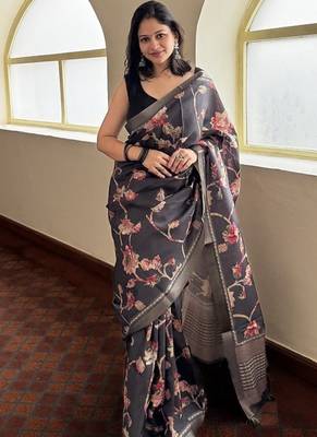 Black tropical floral soft silk saree with blouse piece 1