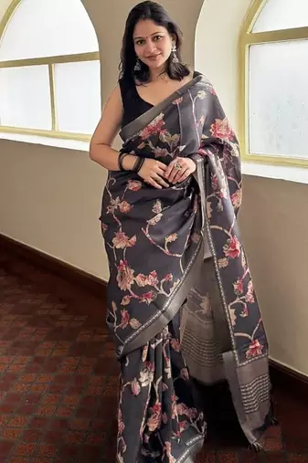 Black tropical floral soft silk saree with blouse piece