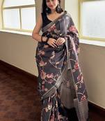 Black tropical floral soft silk saree with blouse piece