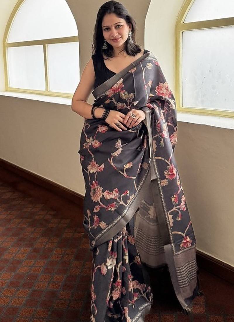 Black tropical floral soft silk saree with blouse piece