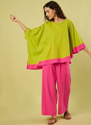 Lime green and pink cotton khadi co ord set 3