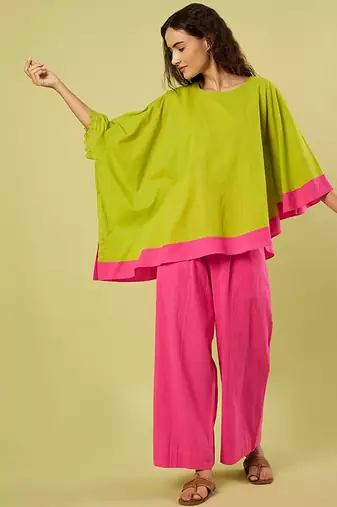 Lime green and pink cotton khadi co ord set