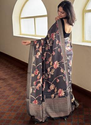 Black tropical floral soft silk saree with blouse piece 2