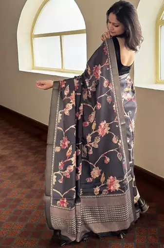 Black tropical floral soft silk saree with blouse piece