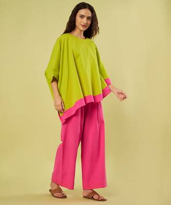 Lime green and pink cotton khadi co ord set 4