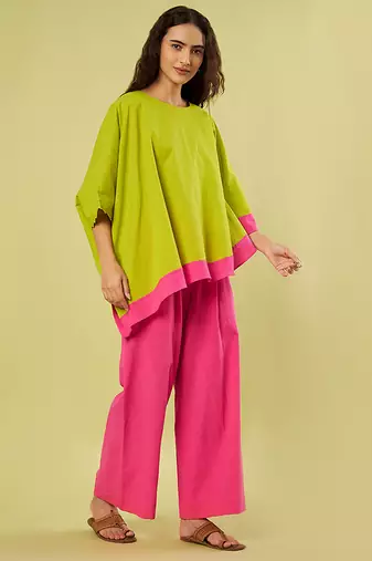 Lime green and pink cotton khadi co ord set