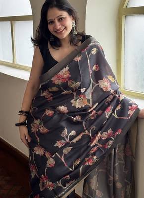 Black tropical floral soft silk saree with blouse piece 3