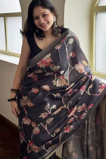 Black tropical floral soft silk saree with blouse piece