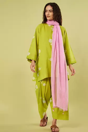 Lime green and pink printed cotton chiffon kurta set