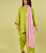 Lime green and pink printed cotton chiffon kurta set