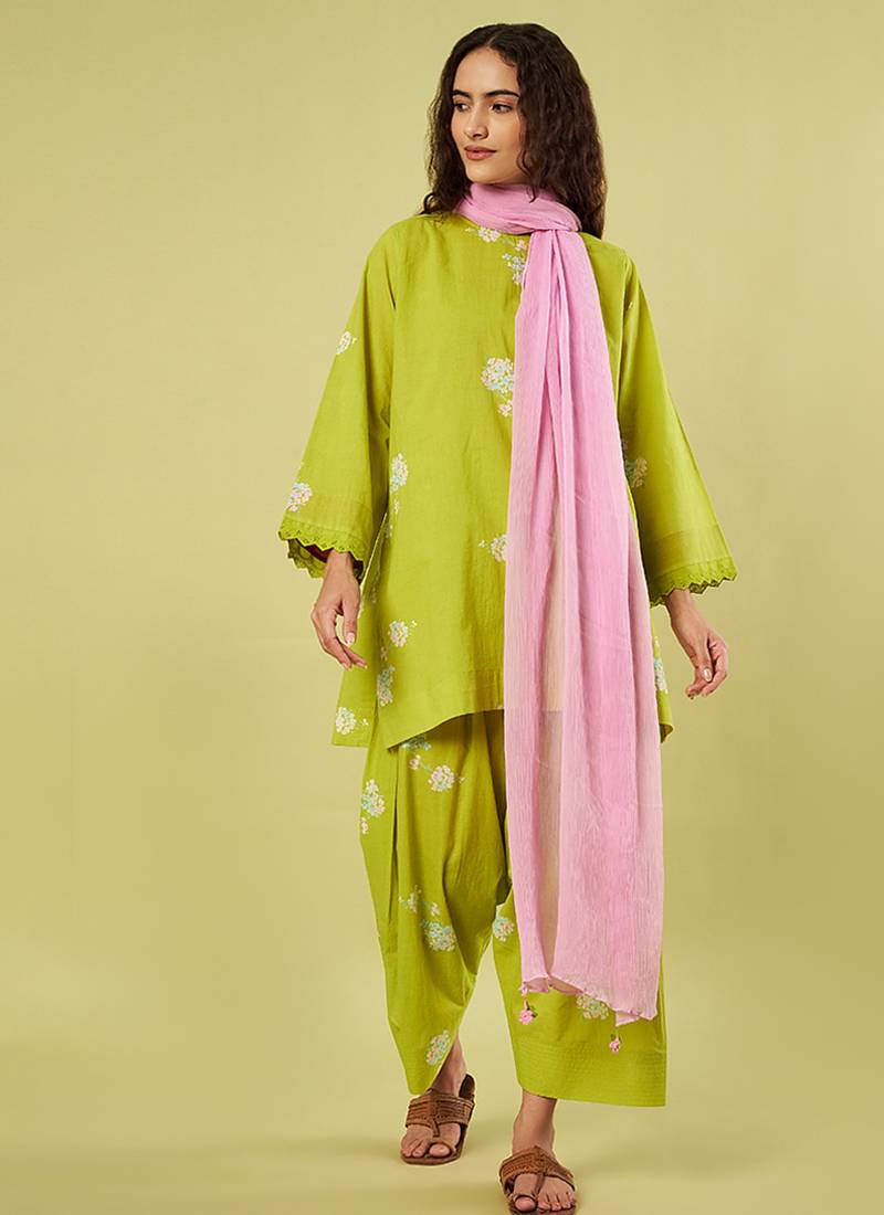Lime green and pink printed cotton chiffon kurta set
