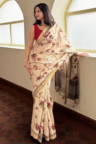 Cream floral soft silk saree with blouse piece