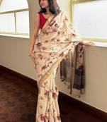 Cream floral soft silk saree with blouse piece