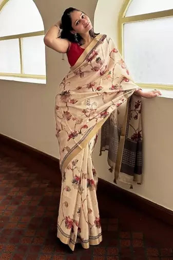Cream floral soft silk saree with blouse piece