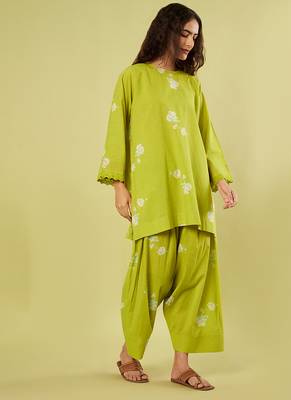 Lime green and pink printed cotton chiffon kurta set 3