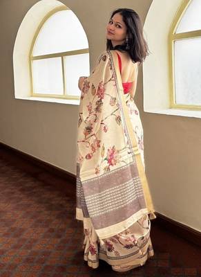 Cream floral soft silk saree with blouse piece 3