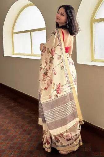 Cream floral soft silk saree with blouse piece