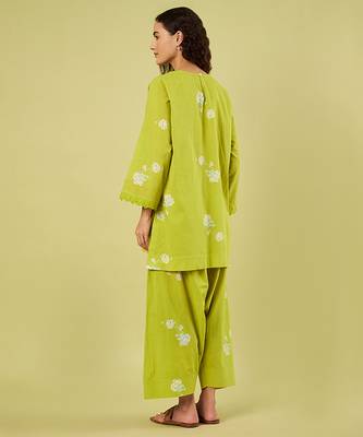 Lime green and pink printed cotton chiffon kurta set 4