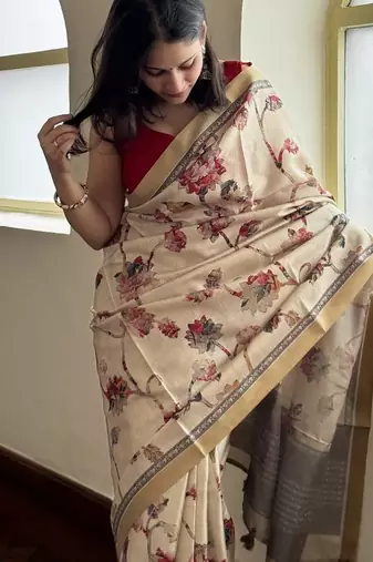 Cream floral soft silk saree with blouse piece
