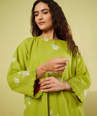 Lime green and pink printed cotton chiffon kurta set 5