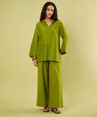 Olive green handwoven linen khadi kurta co ord set 1