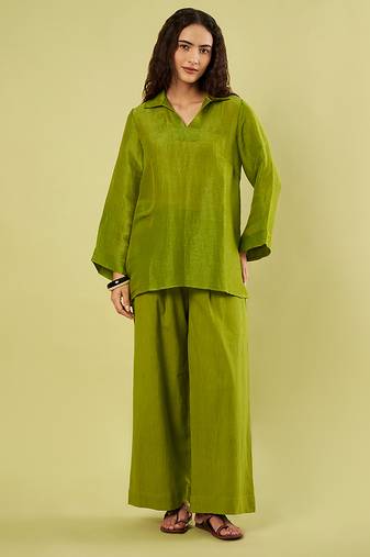 Olive green handwoven linen khadi kurta co ord set