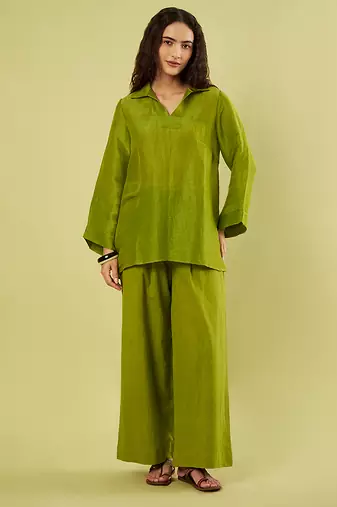 Olive green handwoven linen khadi kurta co ord set