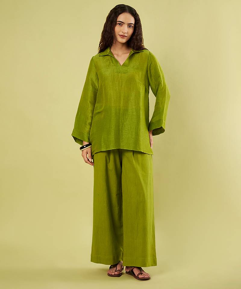 Olive green handwoven linen khadi kurta co ord set
