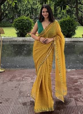 Yellow checked linen blend saree with blouse piece 1