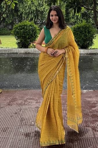 Yellow checked linen blend saree with blouse piece