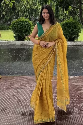 Yellow checked linen blend saree with blouse piece